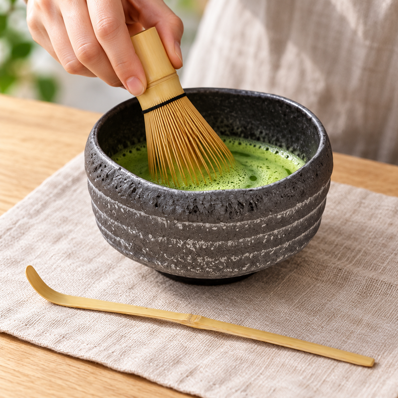 Charcoal banded K537S-KK matcha set during whisking