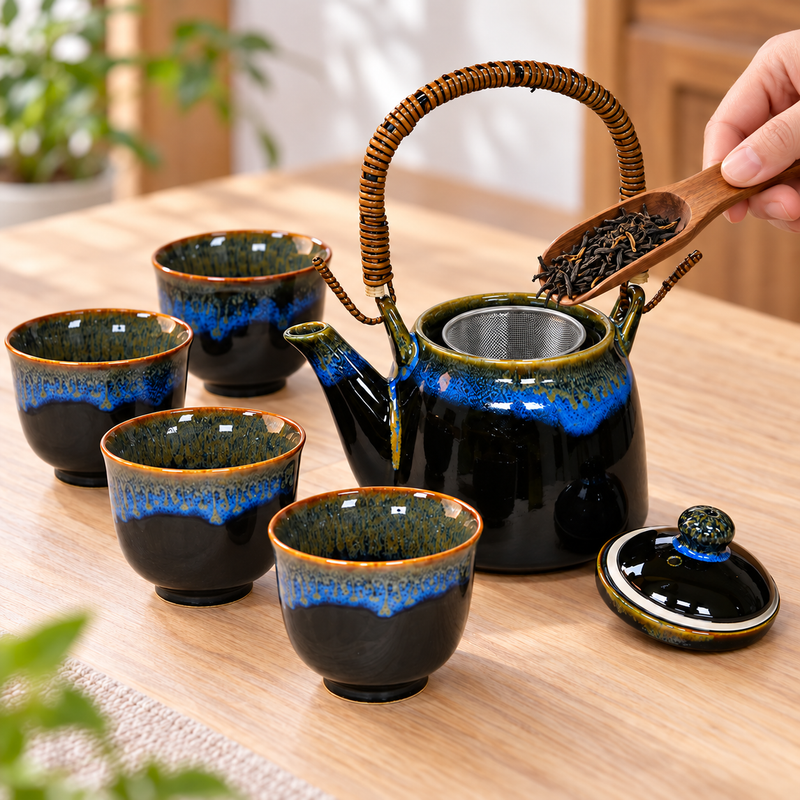 Black and blue KA64 teapot open for loose-leaf preparation with four matching cups