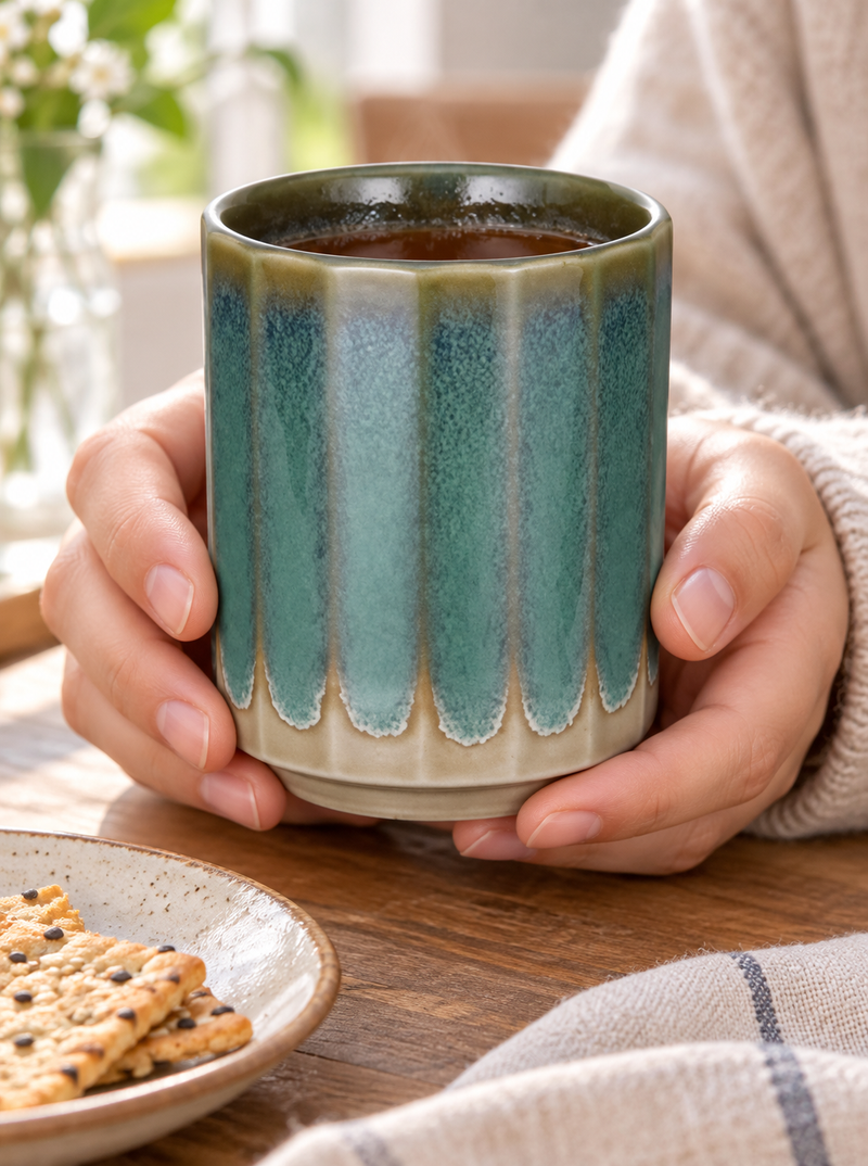 KA70-2 teal and gray-beige teacup cradled during tea service