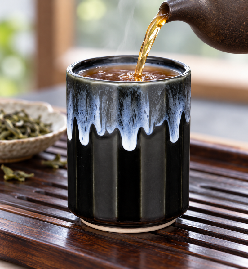 Tea being poured into the KA70-3 black and blue teacup