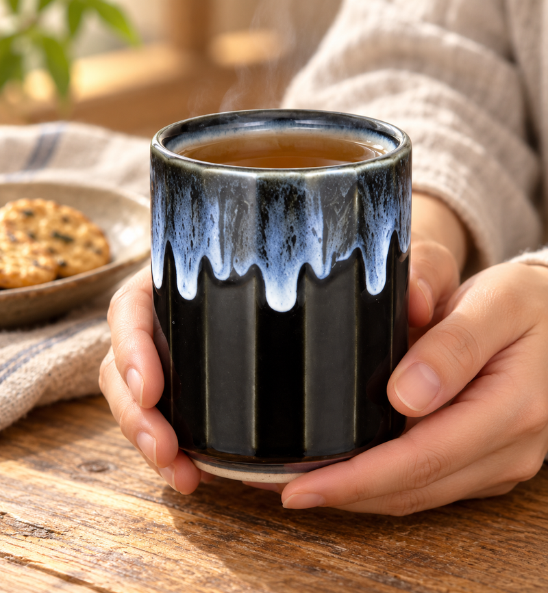 KA70-3 black and blue ribbed teacup held during tea service