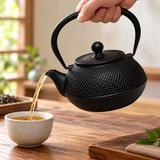 Black hobnail cast iron teapot pouring tea into a small cup