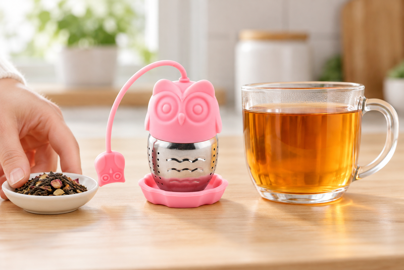 Pink owl tea infuser with wavy body slots on matching rest for tea preparation