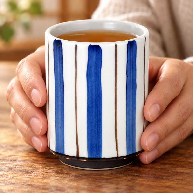 Blue and brown striped teacup held for an individual tea break