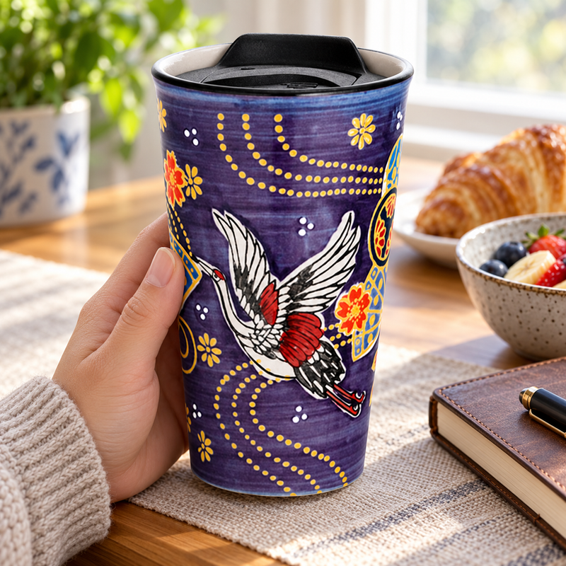 Purple crane tumbler held at a breakfast setting