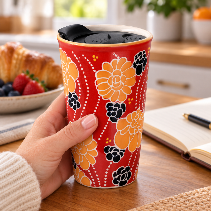 Red floral tumbler held beside a breakfast setting