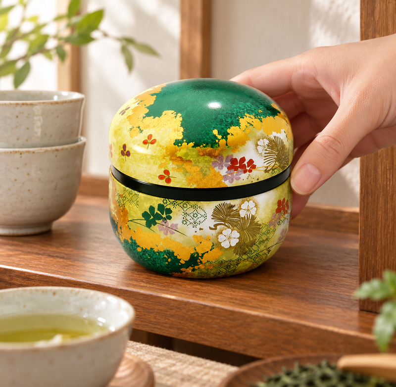 Green-and-gold botanical domed tea canister in a storage setting