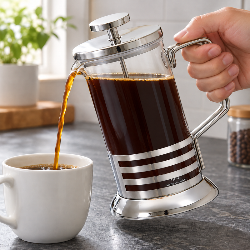 HARIO Harior Bright 4-cup glass plunger pouring coffee into a cup