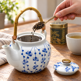 Blue hanging-flower teapot with loose tea being added to its mesh basket