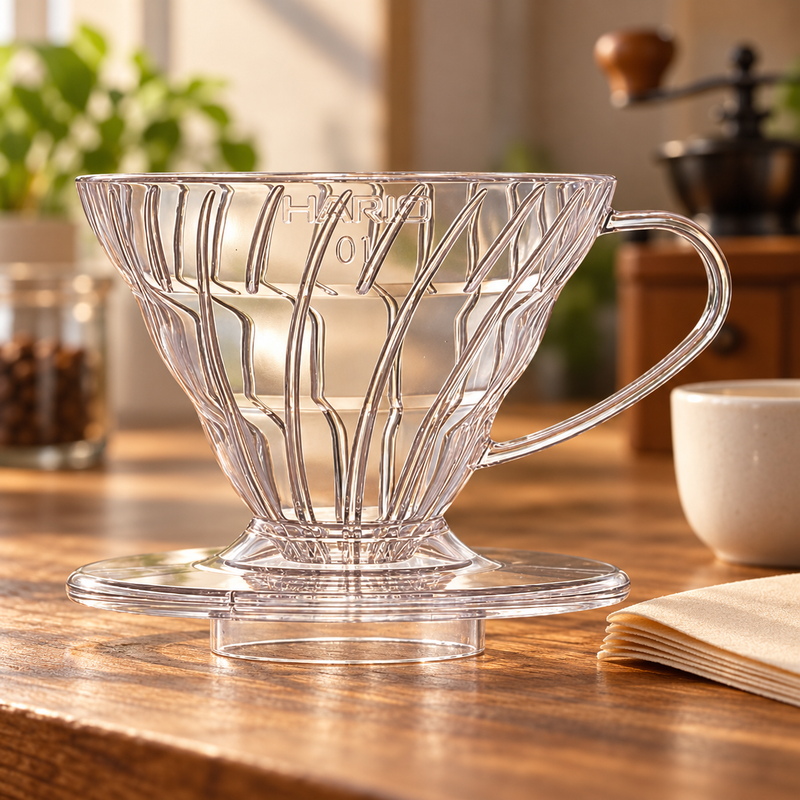 Transparent HARIO V60 01 dripper on a wooden coffee-preparation counter