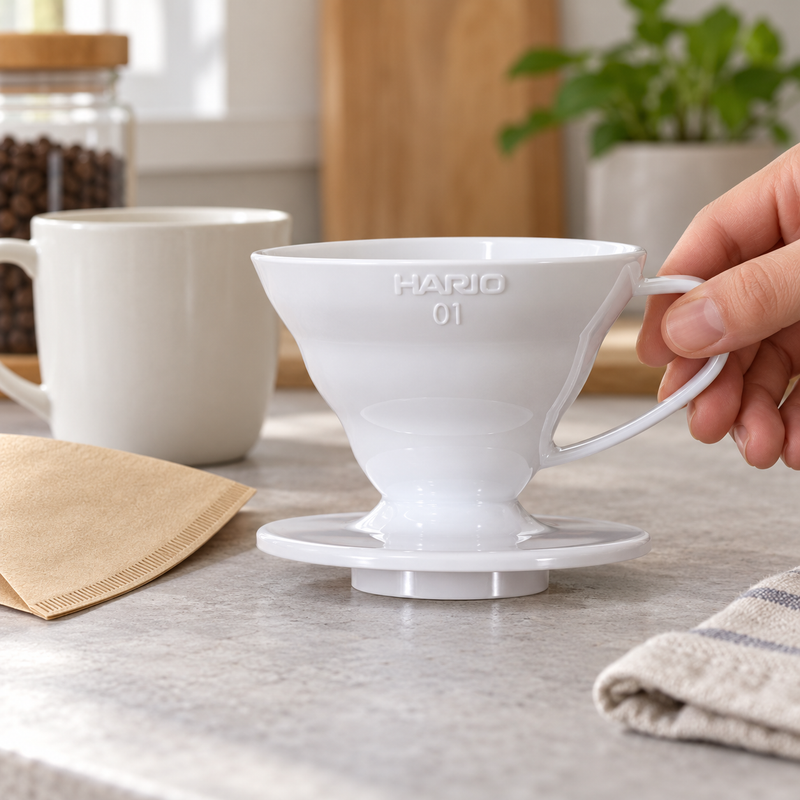 White HARIO V60 01 dripper with a dry paper filter over a glass cup