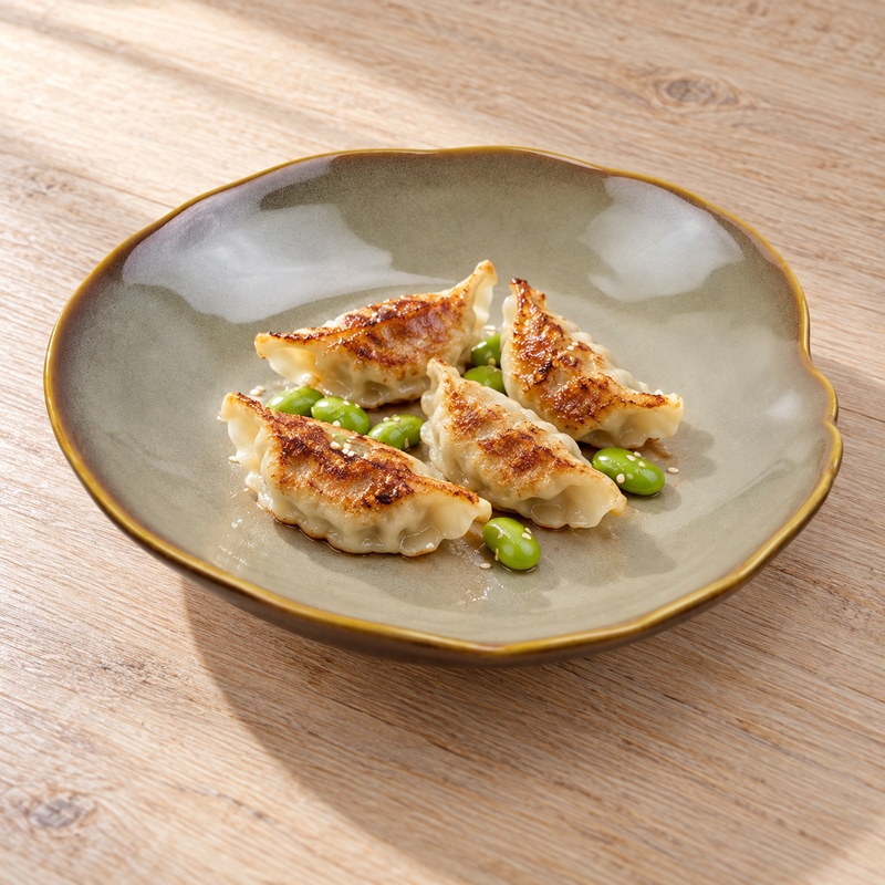 DJ-PL23-BR with gyoza and edamame on a pale wooden table