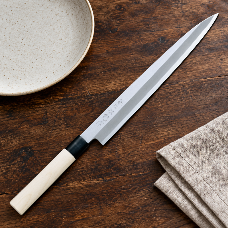 TOJIRO-SHIROGAMI-YANAGI-KNIFE-270MM-LEFT-HANDED knife in a kitchen preparation setting