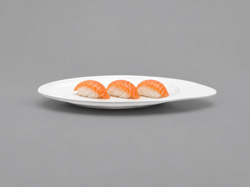 D105-05 white asymmetric oval plate with three salmon nigiri
