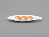 D105-05 white asymmetric oval plate with three salmon nigiri