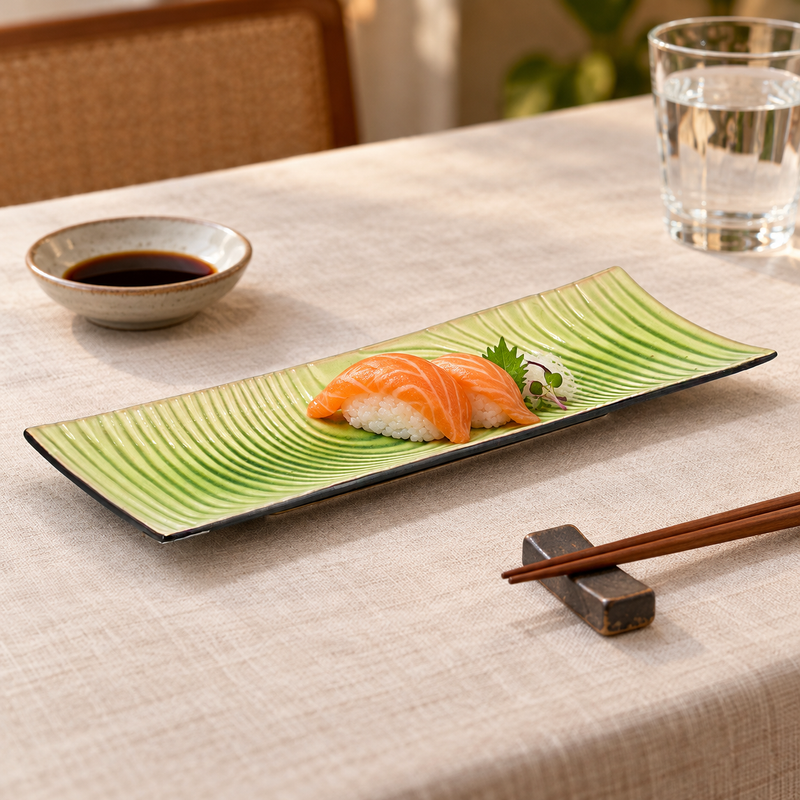 D2145-E green wave-pattern rectangular plate with two petite salmon nigiri in a dining setting
