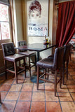 Dark Brown Upholstered Restaurant Barstool with Wood-Grain Metal Frame in a restaurant setting; other furniture is illustrative