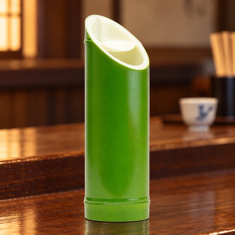 Green bamboo-style sake bottle on a wooden table