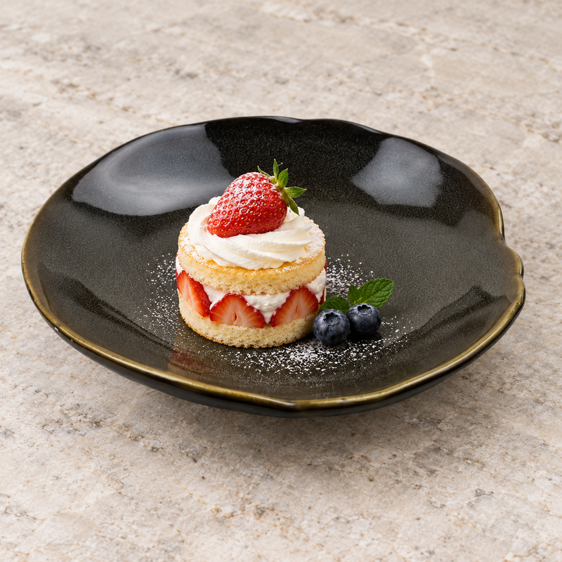 Gray-black deep ceramic plate with a petite strawberry cake