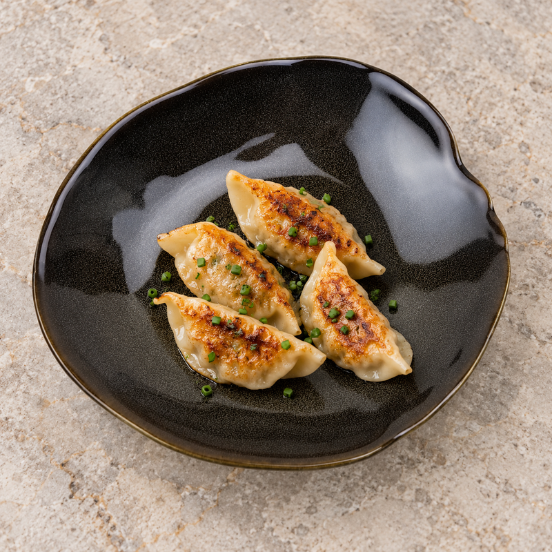 Gray-black deep ceramic plate serving gyoza