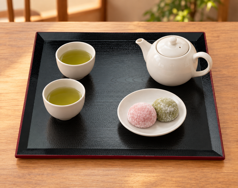 DJ-TY-A-45 black-and-red lacquer tray carrying tea and mochi