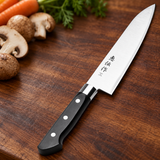 DTNE-03 stainless steel cooking knife on a dark preparation board