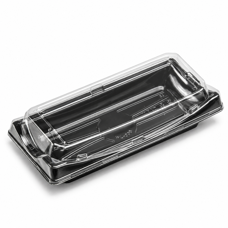 ED-30B black sushi container with clear lid at a raised angle