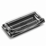 ED-30B black sushi container with clear lid at a raised angle