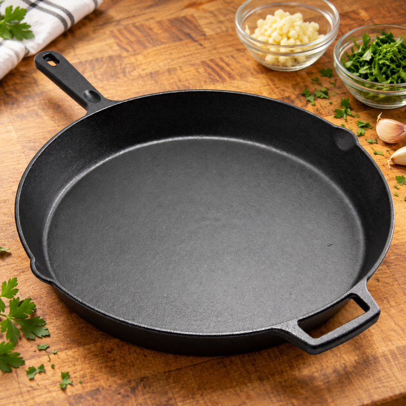 10.25" Black Cast Iron Skillet — Pouring lips at the rim