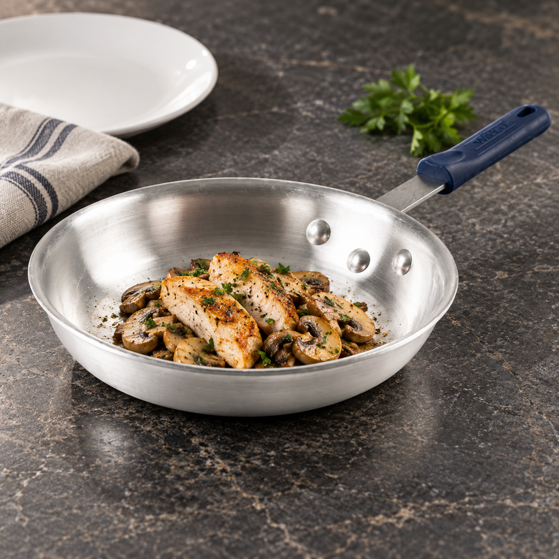 10" Natural-Finish 3003 Aluminum Frying Pan with Silicone Handle — Commercial care requirements