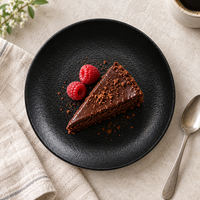 6¼″ Textured Black Porcelain Coupe Plate with an individual dessert presentation; table accessories shown separately