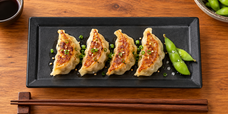 10″ × 5″ Black Porcelain Rectangular Plate with gyoza arranged in a row; table accessories shown separately