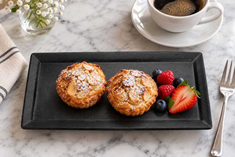10″ × 5″ Black Porcelain Rectangular Plate with small pastries; table accessories shown separately