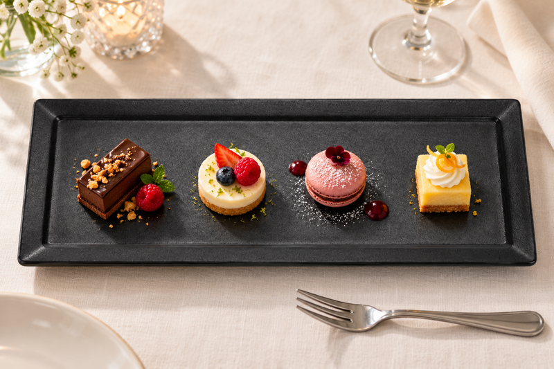 14″ × 5″ Black Porcelain Rectangular Plate with an individual dessert presentation; table accessories shown separately