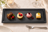 14″ × 5″ Black Porcelain Rectangular Plate with an individual dessert presentation; table accessories shown separately