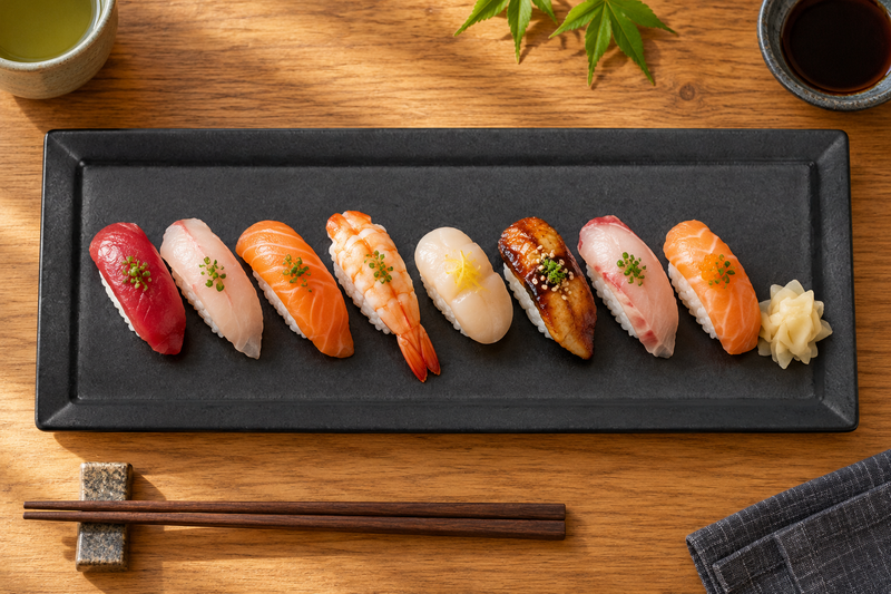 14″ × 5″ Black Porcelain Rectangular Plate with a sushi presentation; table accessories shown separately