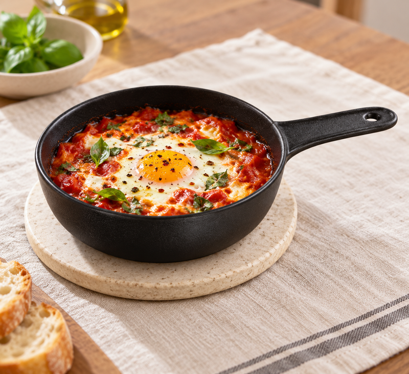6″ Textured Black Ceramic Serving Pan with Handle — 18 oz with a small baked egg and tomato course; table accessories shown separately