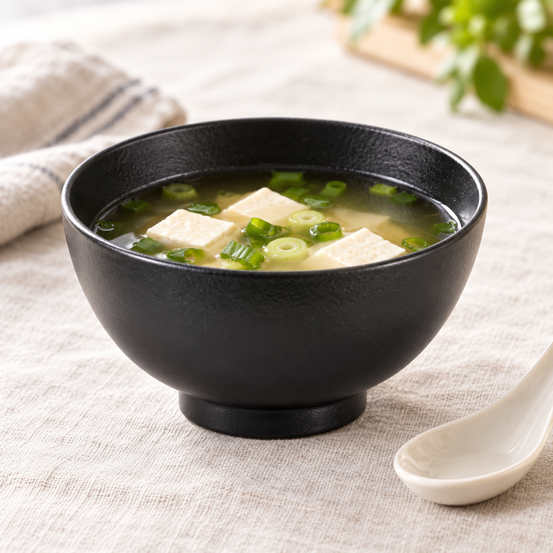 5″ Black Porcelain Round Bowl — 15 oz with a small soup serving; table accessories shown separately