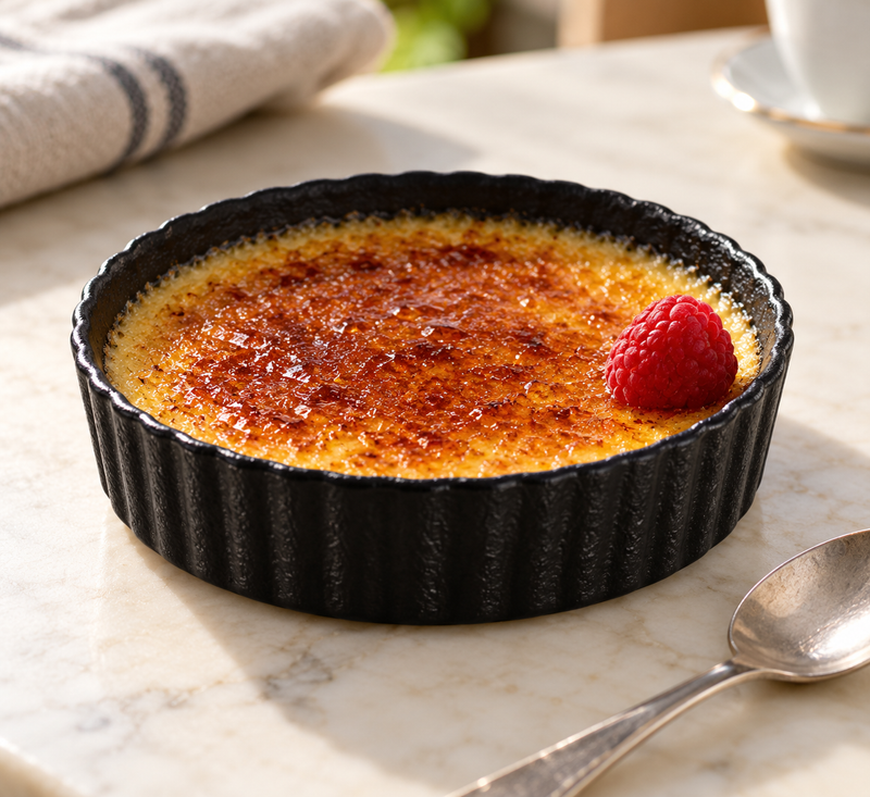 5″ Textured Black Ceramic Round Brûlée Dish — 6 oz with a custard and caramelized sugar surface; table accessories shown separately