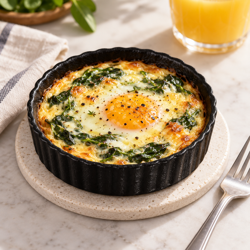 5″ Textured Black Ceramic Round Brûlée Dish — 6 oz with a savory baked egg course; table accessories shown separately