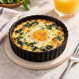 5″ Textured Black Ceramic Round Brûlée Dish — 6 oz with a savory baked egg course; table accessories shown separately