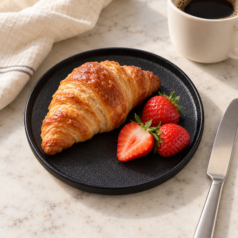 6¼″ Textured Black Porcelain Stackable Round Plate with breakfast pastry and fruit; table accessories shown separately