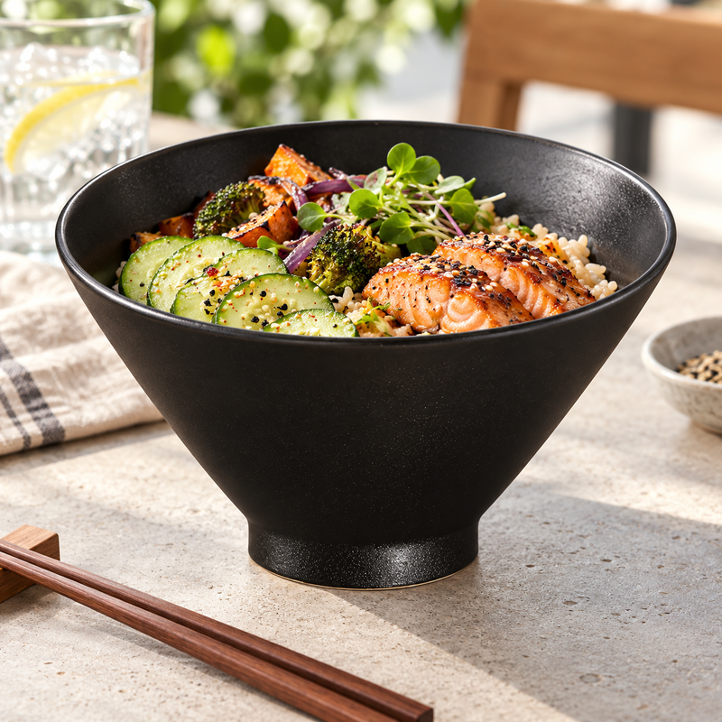 8″ Textured Black Ceramic Ramen Bowl — 40 oz with a rice, salmon and vegetable lunch; table accessories shown separately