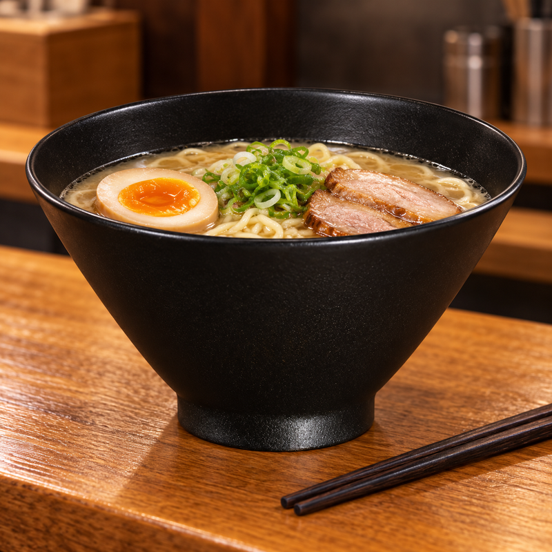 8″ Textured Black Ceramic Ramen Bowl — 40 oz with ramen noodles, broth, egg and scallions; table accessories shown separately
