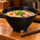 8″ Textured Black Ceramic Ramen Bowl — 40 oz with ramen noodles, broth, egg and scallions; table accessories shown separately