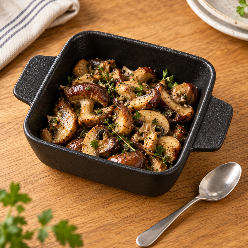 5″ Textured Black Ceramic Square Baking Dish — 12 oz with a small mushroom side; table accessories shown separately