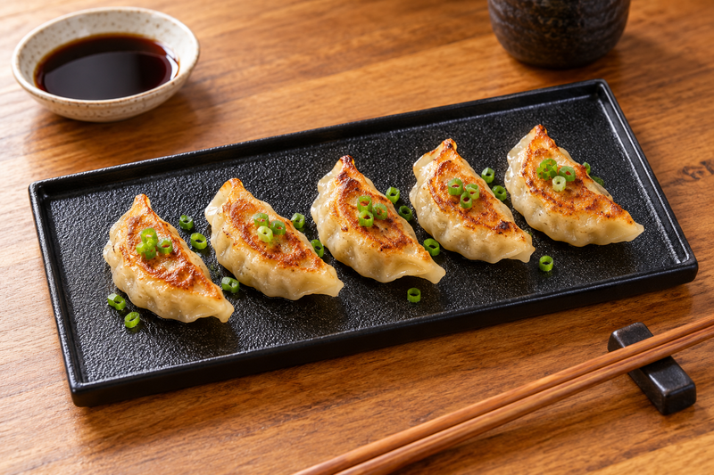 11″ × 5¼″ Textured Black Porcelain Stackable Rectangular Plate with dumplings arranged in a row; table accessories shown separately