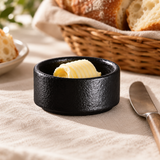 2½″ Textured Black Porcelain Stackable Butter Dish — 2 oz with butter beside bread service; table accessories shown separately