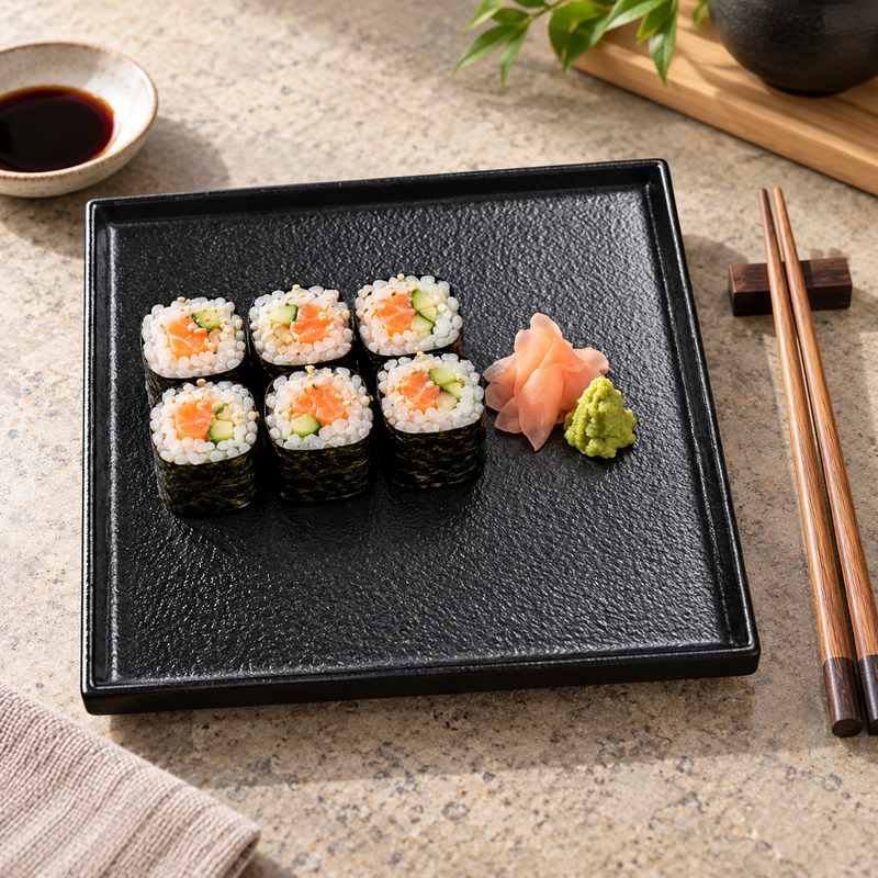 8″ Textured Black Porcelain Stackable Square Plate with a sushi presentation; table accessories shown separately