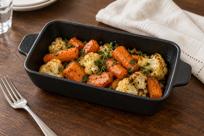 8″ × 4¼″ Textured Black Ceramic Rectangular Baking Dish — 12 oz with roasted vegetables; table accessories shown separately